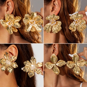 Gold Statement Earrings Hammered Metal Geometric Flower Heart Water Drop Artificial Pearl 925 Sterling Silver Earring Post Jewelry