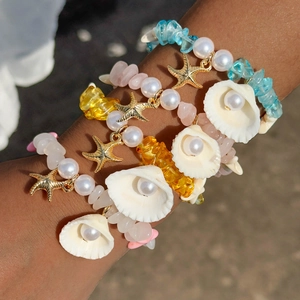 Bracelet Perlé De Plage D'Été Bohème Coquillage Imitation Künstliche Perle Pendentif Étoile De Mer Bijoux En Pierre Naturelle Pour Femme
