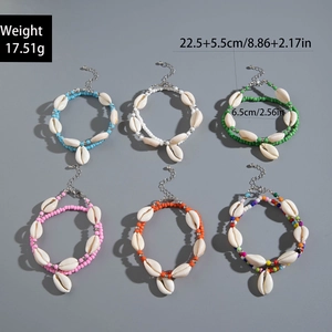 Lot de six bracelets de cheville bohème colorés avec coquillages et chaîne réglable