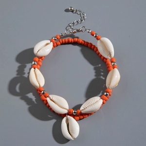 Détails de la chevillère bohème à double couche avec perles oranges et vrais coquillages
