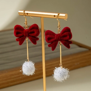 Winter bow earrings with red velvet bow and white pompom on gold metal T-stand