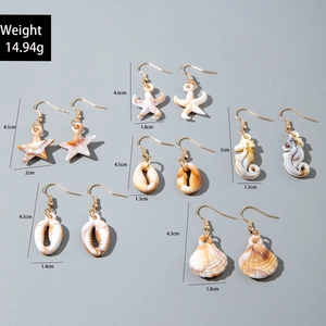 Detailed size chart for six pairs of shell and starfish earrings weighing 14.94g