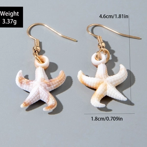 Detail view of starfish earrings with size specs 1.8x4.6cm and shell pattern texture