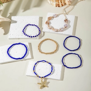 Bohemian ocean bead bracelets set with blue beads starfish charms and natural seashells