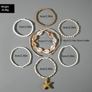 Detailed size and weight labels for Bohemian starfish and shell beaded jewelry set