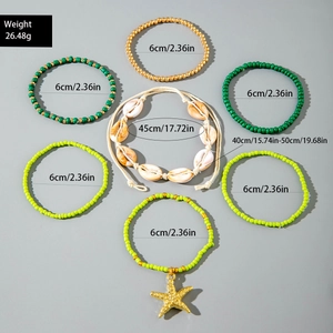 Detail view of 7pcs Bohemian bead bracelet set with starfish pendant and shell chain