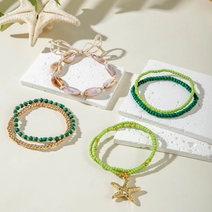 Bohemian beach multilayer bead bracelet set with natural shells and starfish charm