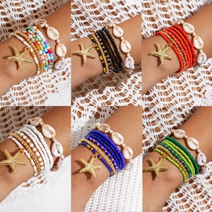 Bohemian Multilayer Bracelet Starfish Pendant Cowrie Shell Resin Beads Alloy Summer Beach Vacation Jewelry For Women