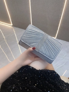 Women Vintage Rhinestone Evening Clutch Bag Pleated Glitter Formal Party Handbag With Chain Strap For Wedding Banquet