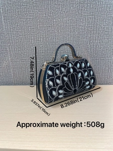 Elegant rhinestone flower evening handbag with pearl accents and gold handle dimensions