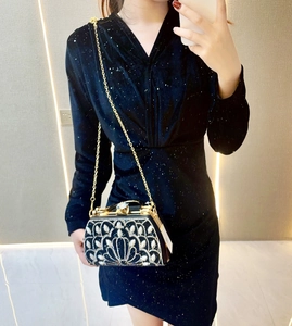 Detail of vintage black evening bag with silver rhinestone floral patterns and gold chain