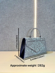 Sparkling rhinestone square evening clutch with pearl chain handle and silver finish