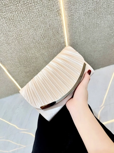 Women Pleated Satin Evening Clutch Bag Metal Arc Frame Formal Wedding Party Banquet Handbag With Chain Strap