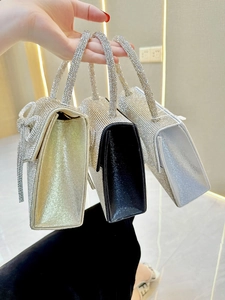 Detailed comparison of sparkling rhinestone clutch bags in gold, black, and silver finishes