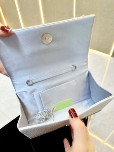Detail of silver evening clutch interior with magnetic closure and chain strap hooks