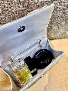 Silver rhinestone bow clutch interior showing capacity for perfume and lipstick