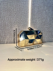Golden acrylic geometric evening clutch bag with blue panels, 17.5x12x5cm sizing