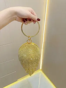 Luxury Rhinestone Evening Bag Tassel Spherical Clutch Purse With Round Handle Metal Chain Shoulder Bag For Wedding Party Women