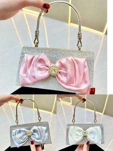 Sparkling rhinestone square evening clutch bags with large satin bow in multiple colors