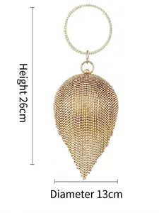 Golden rhinestone egg-shaped evening bag with ring handle, 26cm height and 13cm diameter