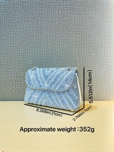 Light blue pearl and rhinestone evening bag with silver chain strap and V-pattern