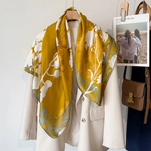 Fashionable mustard yellow large square silk scarf with white floral patterns