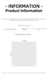Detailed size chart for 130x130cm horse pattern scarf showing material and weight