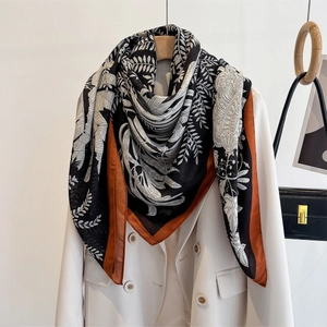 Classic bohemian floral leaf print 130cm square silk shawl for summer sun protection