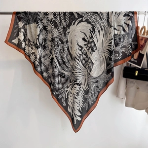 Classic large 130cm square silk scarf with black white tropical floral print and brown border