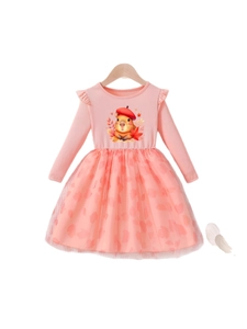 Pink girls long sleeve princess dress with cartoon capybara print and mesh tutu skirt