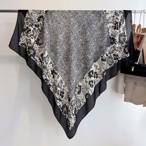 Black and white floral cotton-linen square scarf with ethnic geometric pattern for women