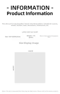 Size chart showing large 132x132cm printed square scarf dimensions and specifications