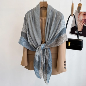 Classic striped large square shawl with geometric blue and grey patterns and fringe