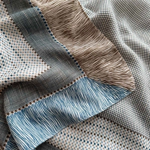 Classic striped silk feel square scarf featuring patchwork geometric patterns for women