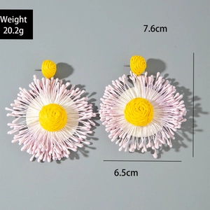 Detail view of pink raffia flower earrings showing size 7.6cm by 6.5cm dimensions