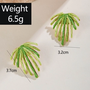 Macro shot of green raffia woven leaf earrings with dimensions 3.7cm by 3.2cm