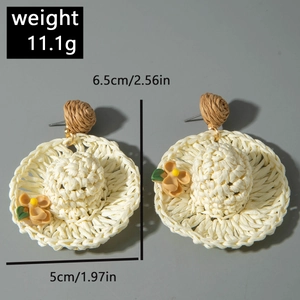 Detail view of woven raffia hat earrings with yellow flowers showing 6.5cm length