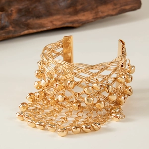 Golden woven mesh cuff bracelet with triple row bell tassel charms in bohemian style