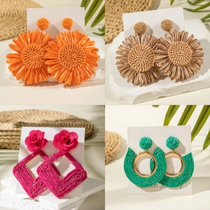 Handmade raffia earrings in colorful flower and geometric bohemian beach styles