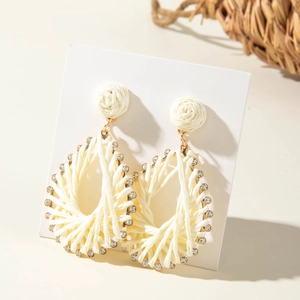 Handmade raffia teardrop earrings with crystals and woven flower studs for summer beach