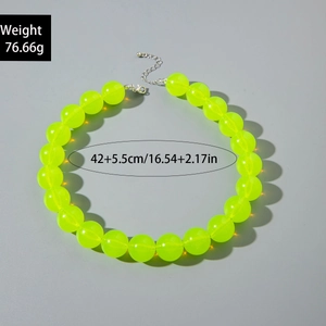 Detail of neon green acrylic beaded necklace showing 76.66g weight and 42+5.5cm size