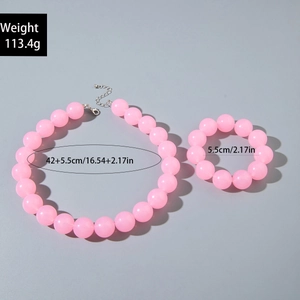 Pink acrylic bead jewelry set with dimensions of necklace length and bracelet diameter