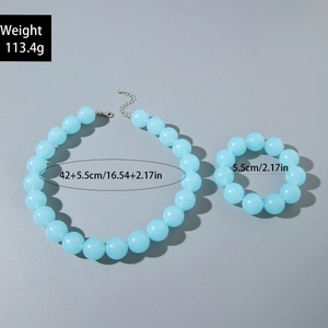 Detail view of light blue acrylic beaded necklace and bracelet set with size specifications