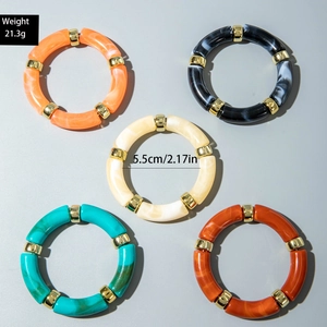 Detail view of colorful acrylic bamboo bangles with size 5.5cm and 21.3g weight specs