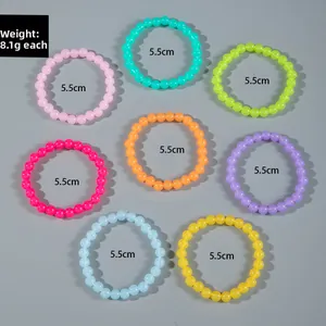 Detailed view of 8-piece colorful acrylic bead bracelet set with weight and size specs