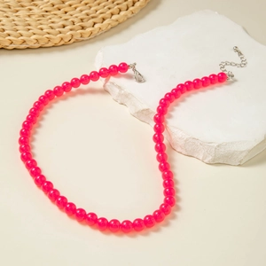 Handmade bright pink beaded necklace for women with acrylic round beads and silver clasp