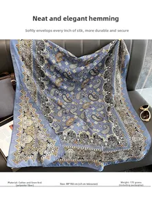 Close-up of blue paisley vintage shawl with premium cotton-linen feel fabric detail