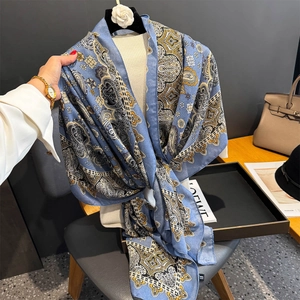 Detailed view of vintage blue paisley print scarf with silky texture and elegant draping