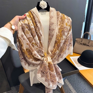 Vintage paisley print large shawl scarf for women in beige and yellow cotton-linen feel