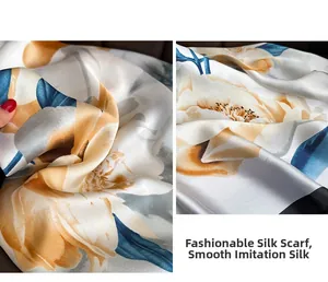 Detailed close-up showing the smooth satin texture and floral print of the silk scarf